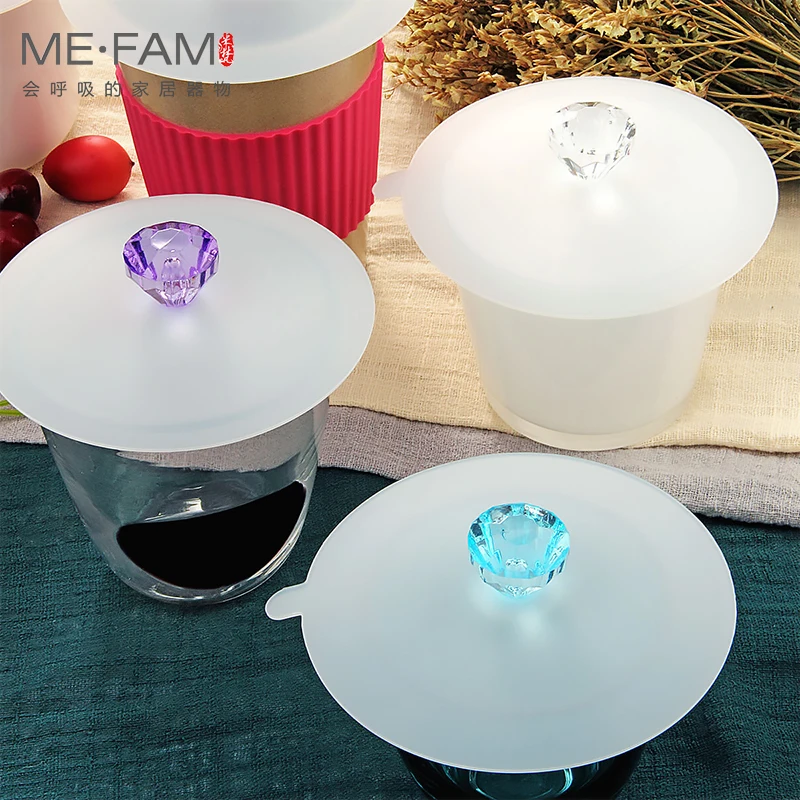 Universal 11cm Mug Cover Set of 6 Acrylic Diamond Handle Silicone Cup Lids Suction Seal Anti Dust Hot Coffee Tea Copa Taza Cap