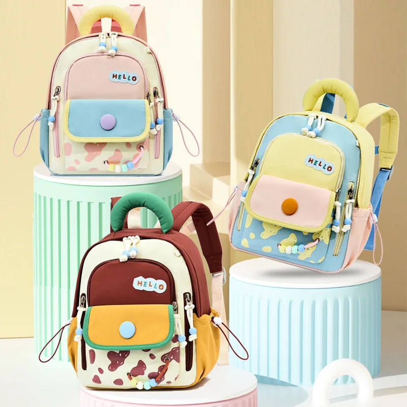 

Cute Color Block Kids Backpack Toddler Schoolbag With Bead Decor Small Casual Travel Daypack For Boy Girl Preschool Kindergarten