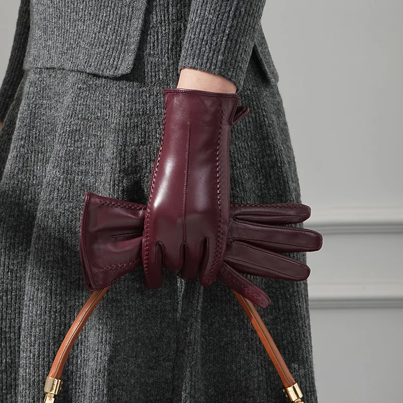Natural Sheepskin Leather Gloves Women's Genuine Leather Glove Female Short Thicken Warm Winter Driving Glove R3026