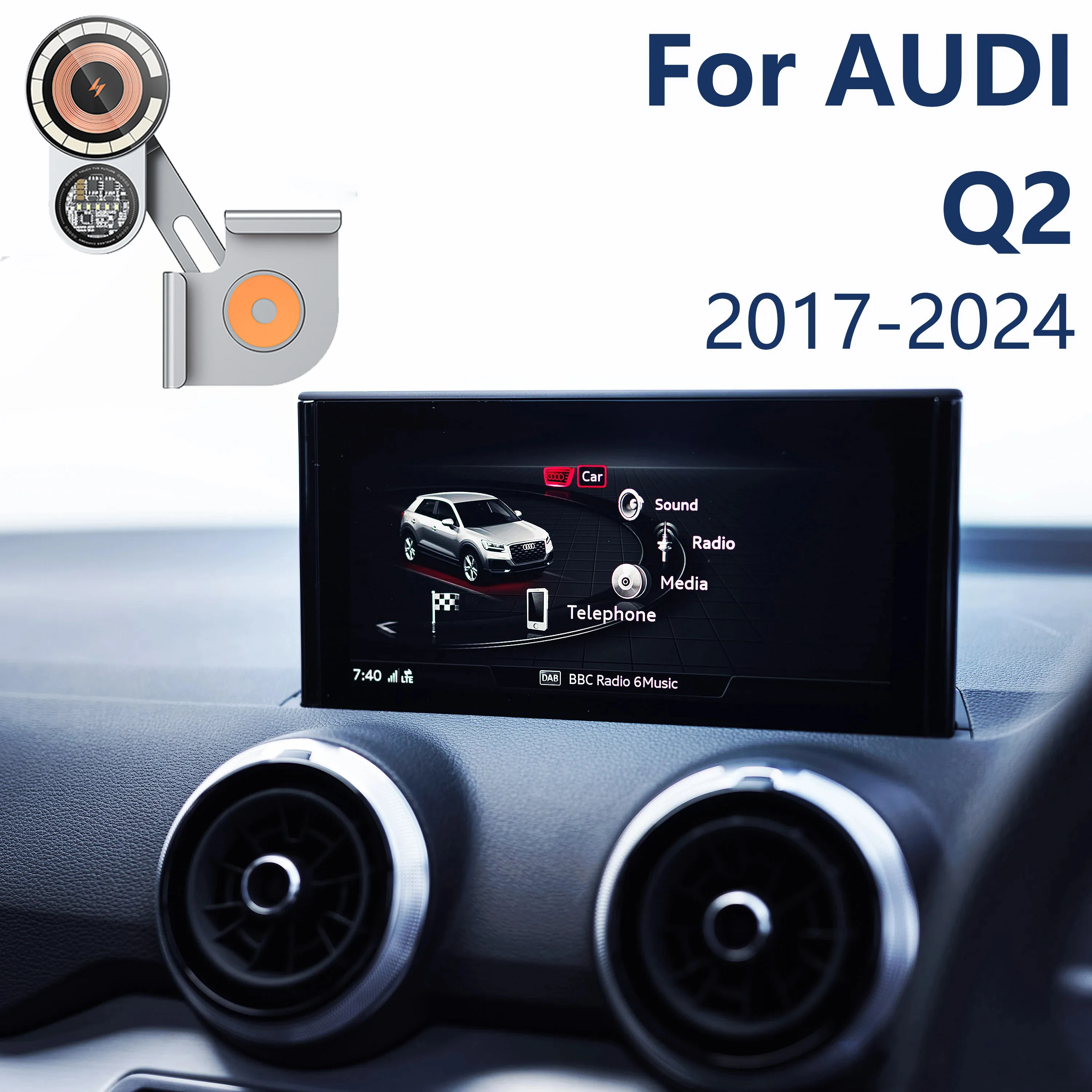 

For Audi Q2 2017 2018-2024 Car Phone Holder Display Fixed Magnetic Suction Wireless Charging Stand Aluminum Alloy Base Mounts