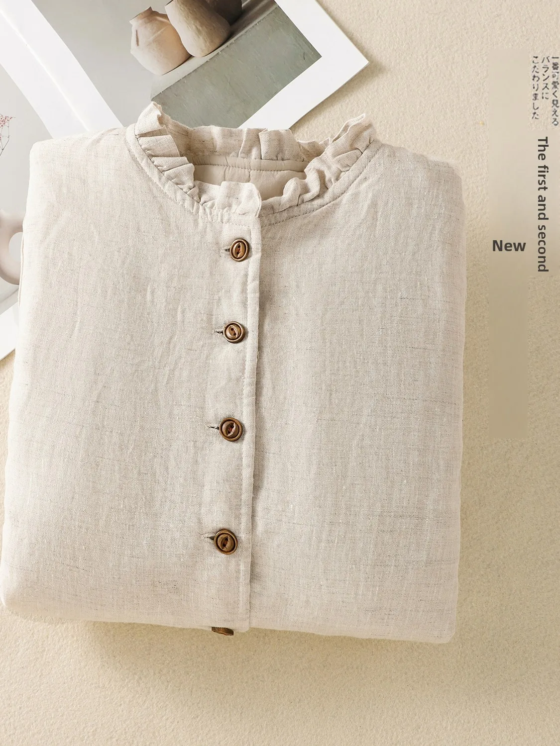 Artistic Sle Cotton Jaet with Wooden  Collar Pure Color Flax Winter New Arrival Women's Loose Fit Long Sve Coat