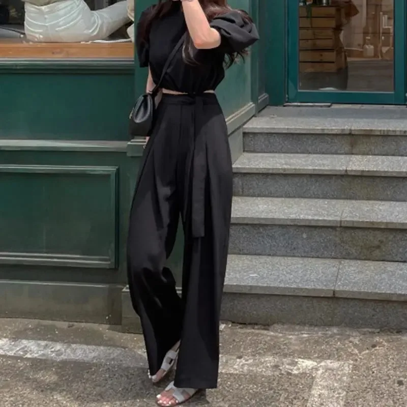 2025 봄/가을 여성용 드레이핑 레이스업 와이드 레그 팬츠, 하이웨이스트 스트레이트 레그 팬츠, 루즈핏 캐주얼 롱 팬츠