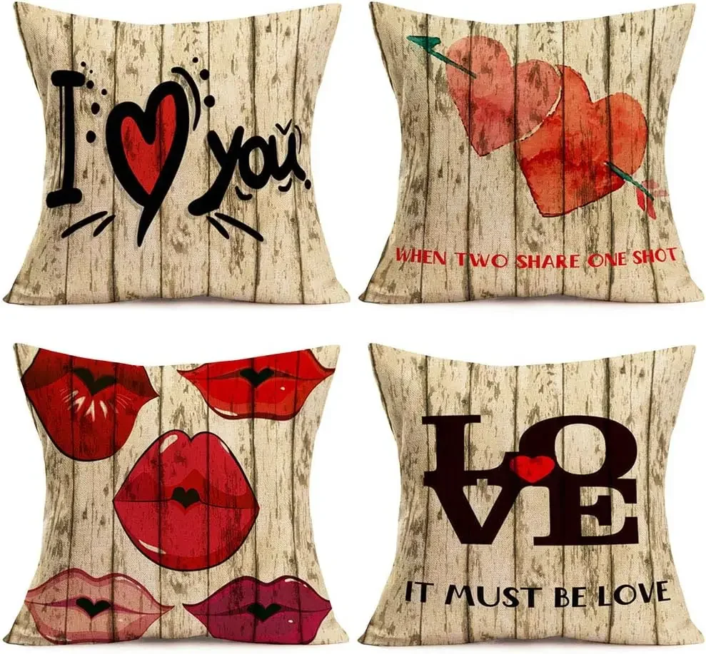 Valentine's Day Decorative Pillowcase Retro Wood Grain Cushion Cover Suitable for Sofa Bedroom Decorative Pillowcase