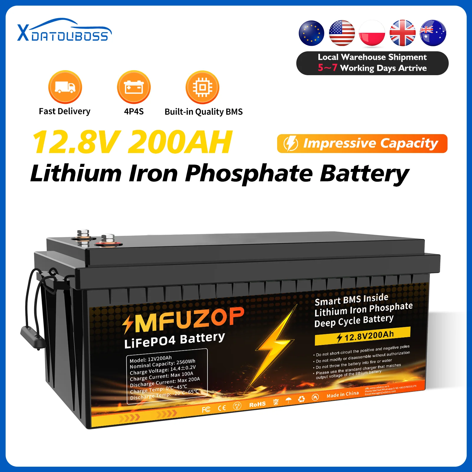 

MFUZOPЛитий-железо-фосфат 12 В 200 Ач Использование для инверторной поддержки серии Параллельная система BMS Доставка местного склада LiFePO4