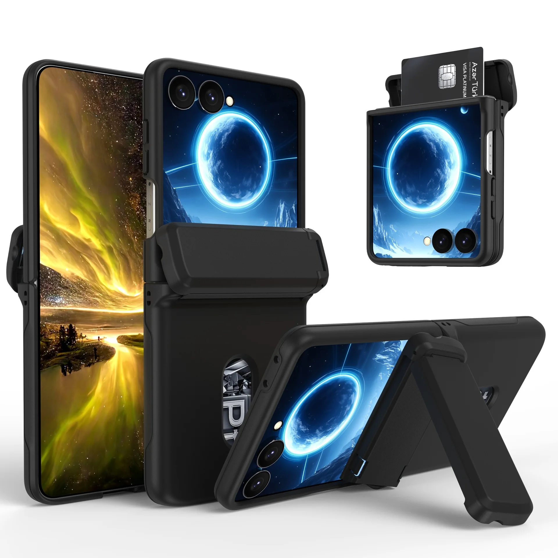 For Samsung Galaxy Z Flip 8 7E 7 6 5 Wallet Card Insertion Folding PC Case With Hinge Protection Shockproof Bracket Back Cover