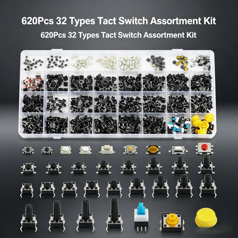 620Pcs 32 Types Tact Switch Assortment Kit, Mixed Push Button Switches for Car Remote Control Electronic Repair
