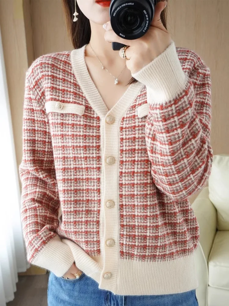 Nuevo 2025 Cárdigan abierto de punto largo Sve para mujer Casual V-Ne Prendas de abrigo sueltas irt Suave Cómodo Viaje Sle Plaid P...