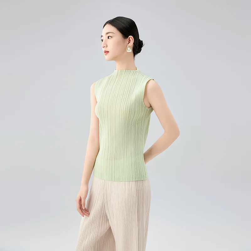 YUDX Elegant Sage Green Miyake Pleated Mock Neck Long Sleeve Top Lightweight Women's Casual Daily Office Ramadan Vacation Blouse