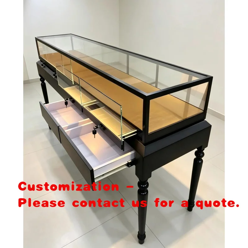 custom.Matte Black Retro Turned Wooden Leg Jewelry Vitrine, Illuminated Glass Top Gem Display Counter With Lockable Storage Draw