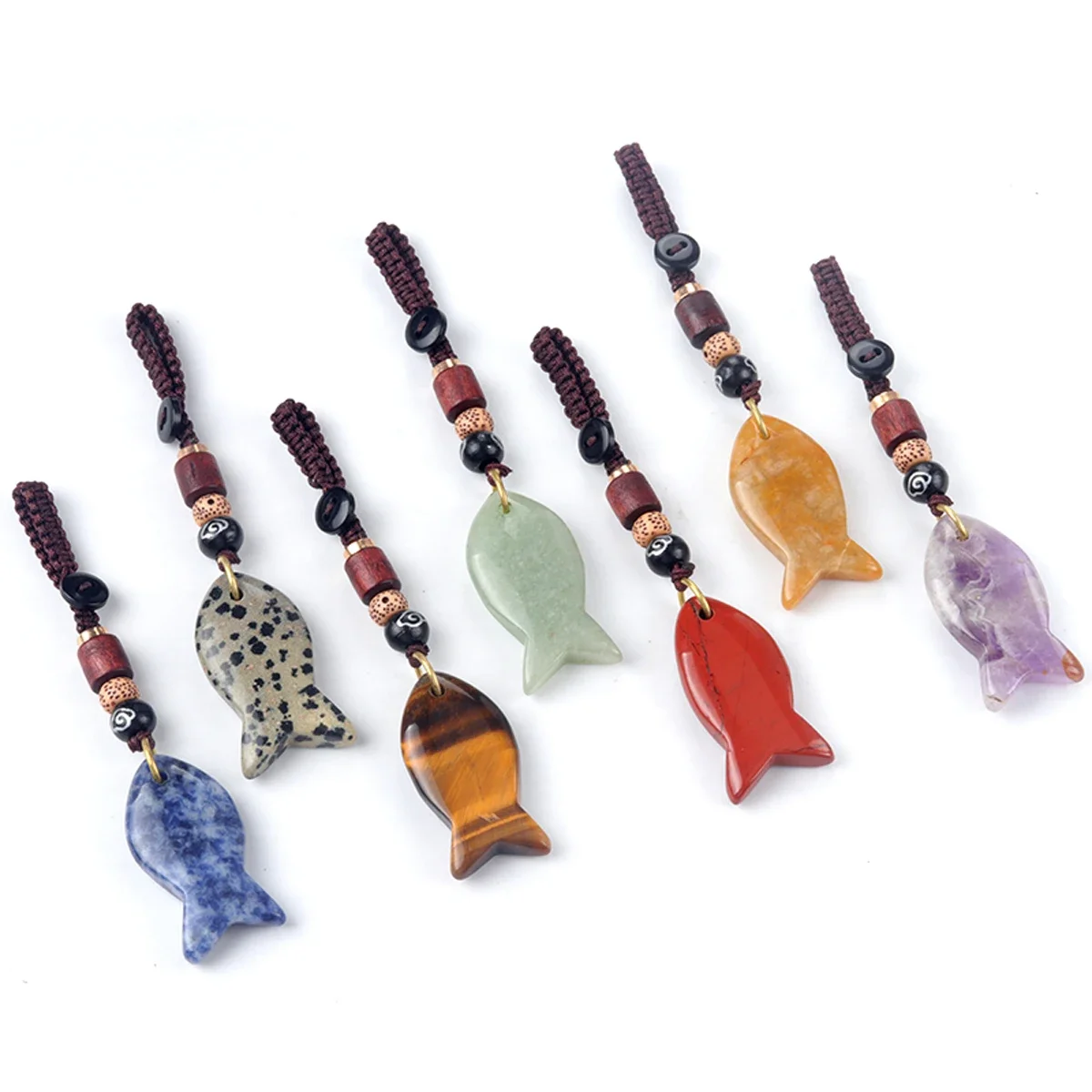 5PCS Wholesale Carved natural stone Cute Fish Shaped Keychain Bohemian Style Woven Rope Exquisite Backpack Key Pendant