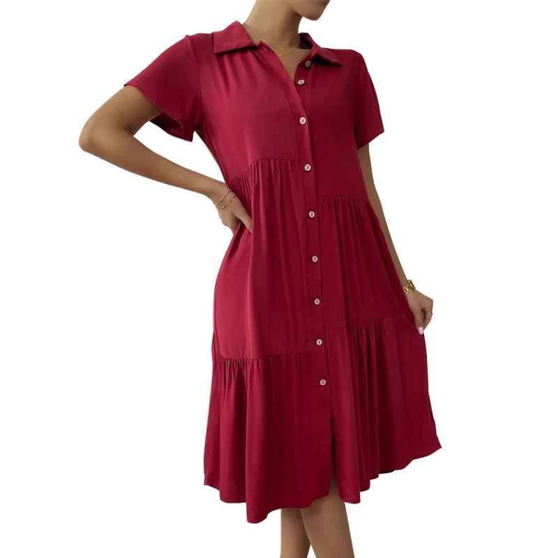 DY-Solid Color Buttons Dress for Women, Casual Temperament Skirt, Independent Station, New