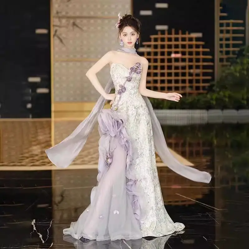 

Lavender Light Luxury Banquet Gown: Ultra-Elegant Floral Design, Ideal for High-End Annual Meeting Hosts with Mermaid Skirt