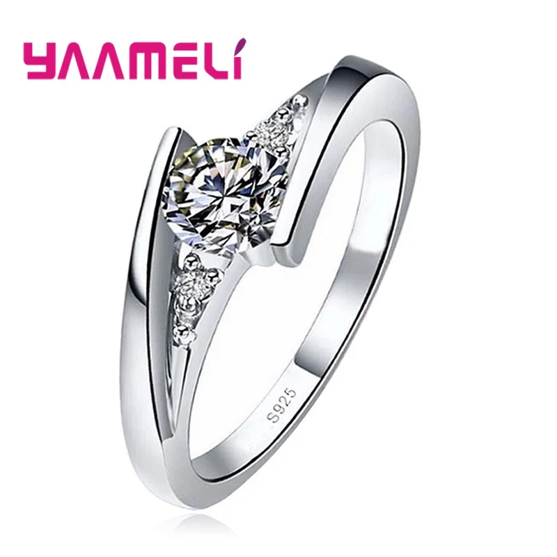 Female Round Zircon Stone Ring Vintage 925 Sterling Silver Color Wedding Jewelry Promise Crystal Engagement Bague for Women