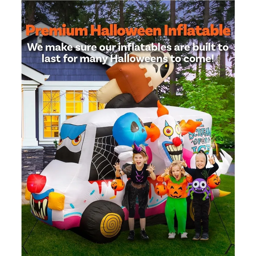 شاحنة آيس كريم قابلة للنفخ للهالوين بتصميم مهرج و8 مصابيح LED للديكور الداخلي #6