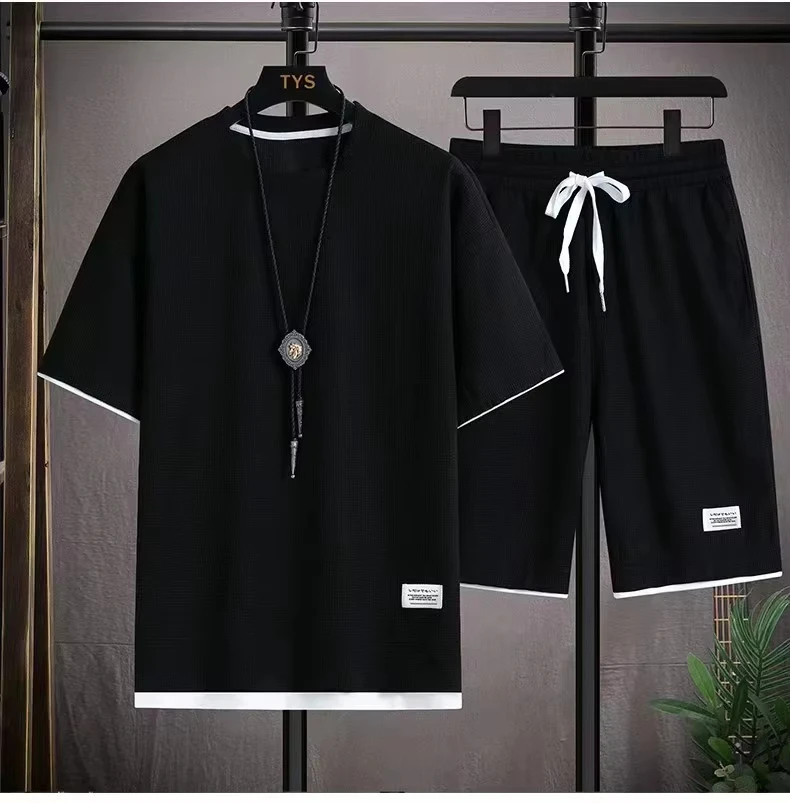 

2026 new Summer Men's Waffle Sets Casual T-Shirt And Shorts Set Male Sports Suit Solid Color Tracksuit Loose Suits