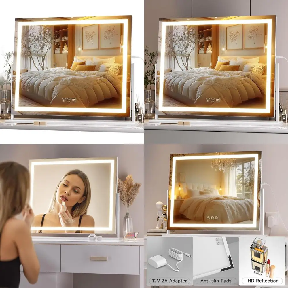 مرآة مكياج مضاءة بإضاءة LED، 23.6 × 18.1، تحكم باللمس، 3 ألوان سطوع قابل للتعديل، 360 درجة ° دوار (أبيض) #1