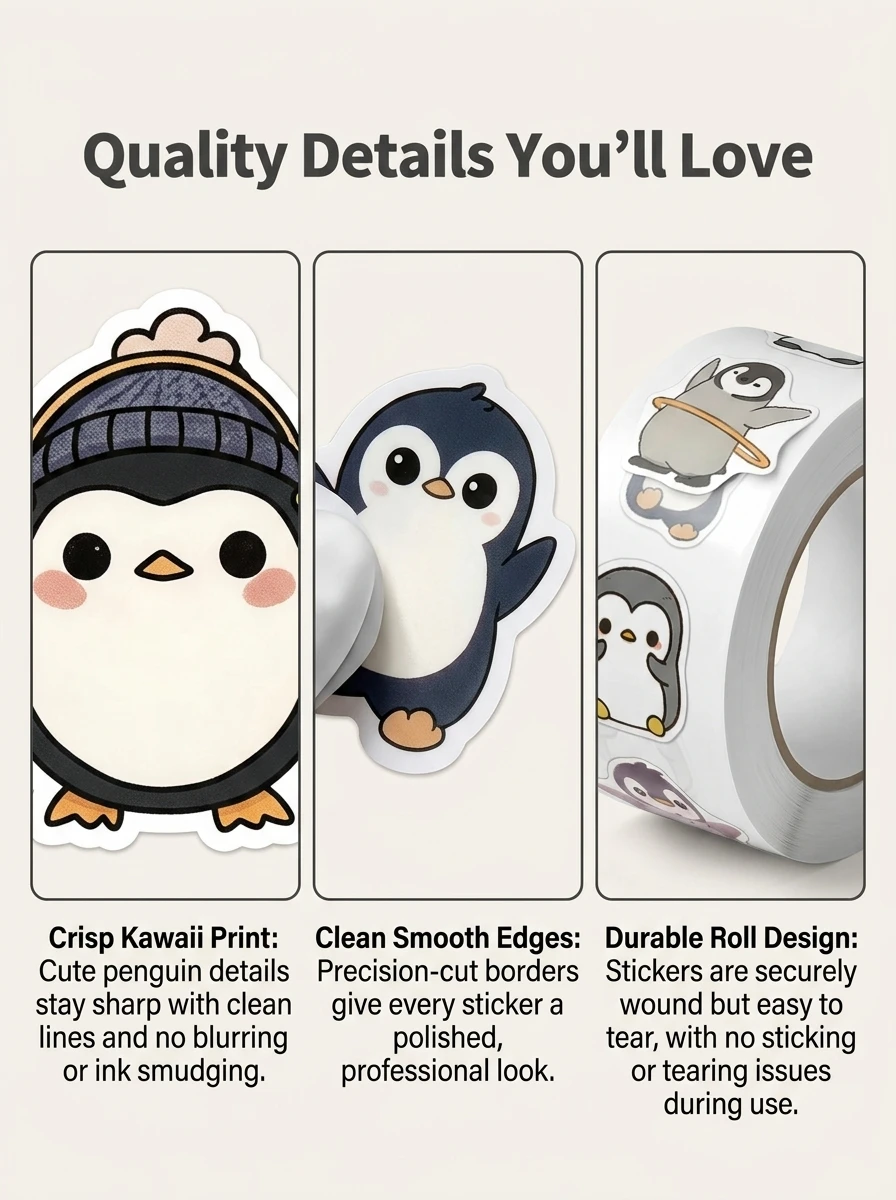 500Pcs Cute Kawaii Penguin Sticker Roll Whimsical Arctic Decals |9 Unique Designs Doodle Scrapbooking Gift Packaging Supply