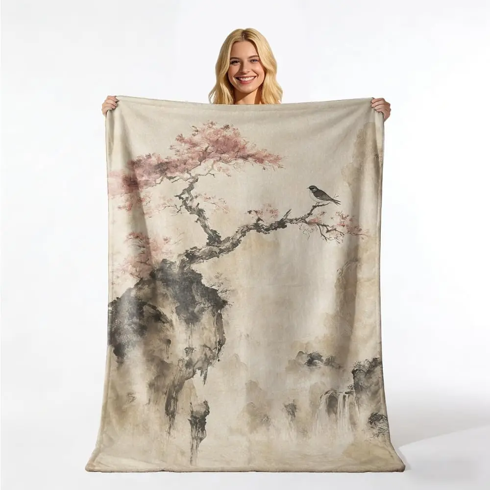 Faded Retro Chinese Ink Plum Bird Cliff Waterfall Flannel Throw Blanket Soft Cover for Couch Indoor Oriental Vintage Aesthetic
