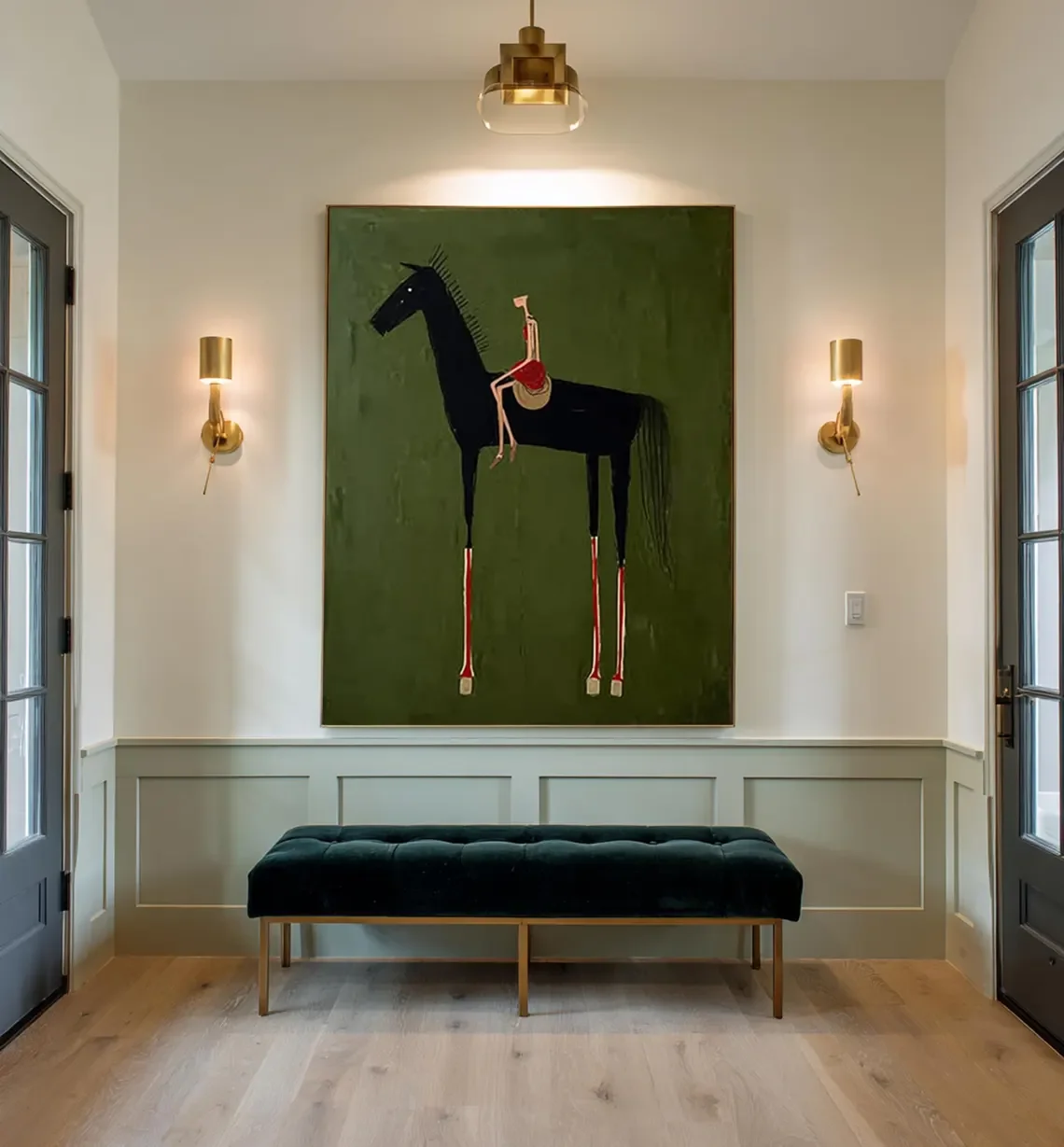 Horse Art Neutral Home Decor Painting Large Green Minimalist Canvas Brown Abstract Horse Rider Figure Painting Vintage Equestria