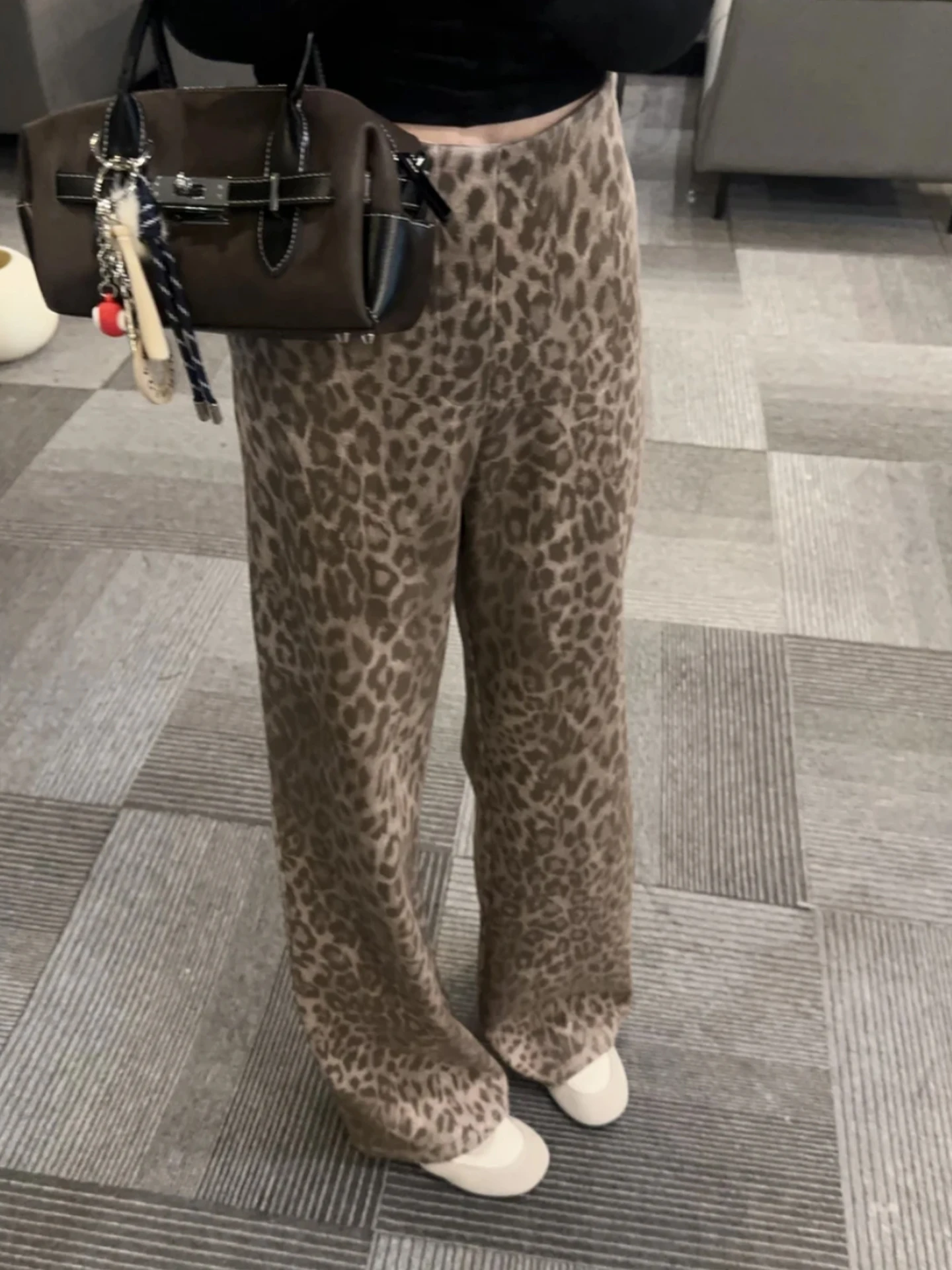 Retro American Leopard Print Loose Wide Leg Casual Pants Women's Fashion High Waist Cotton Trousers Straight Cut Slimming