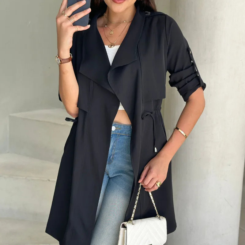 

Women Turn Down Collar Solid Trench Cinch Waist Long Coats Full Sleeve Casual Spliced Jacket Office Ladies Elegant Autumn