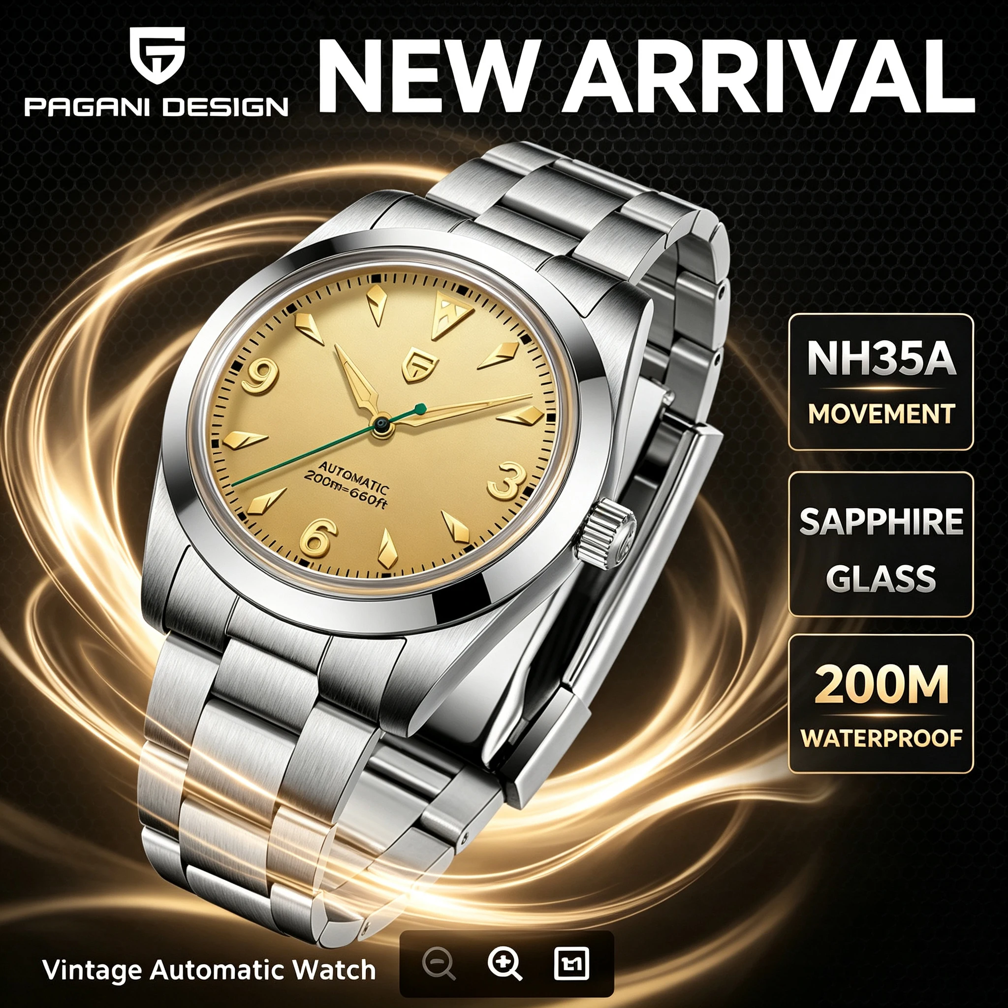 PAGANI DESIGN Men's Automatic Watch Japan TMI NH35A Movement 36.5mm Champagne Dial 200M Waterproof Sapphire Sport Diver Wristwat