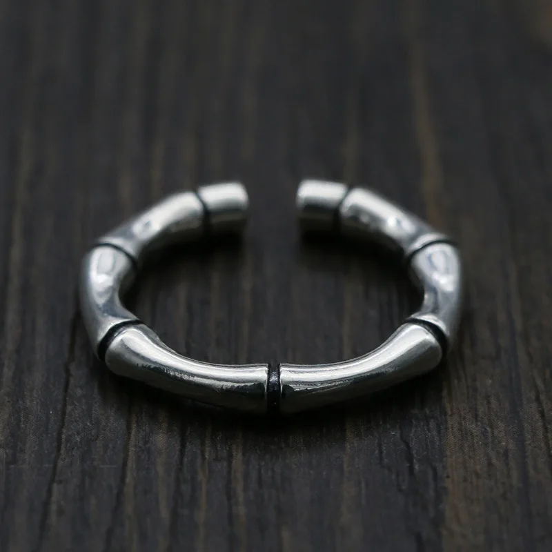 S925 Sterling Silver Ring Hip Hop Street Handmade Opening Bamboo Joint Couple Accessories Punk Style Personalized Jewelry