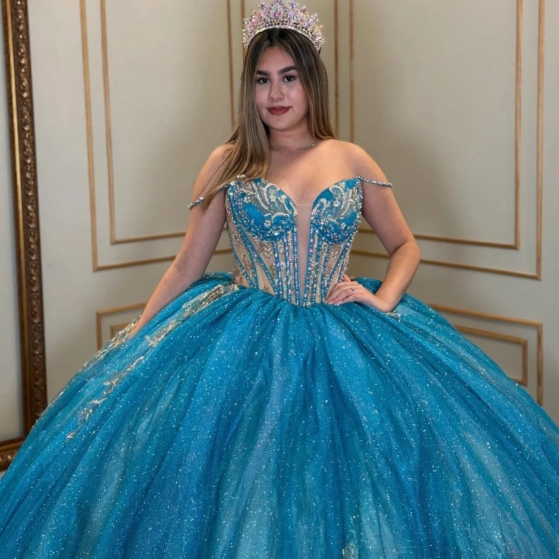 Blue Shiny Quinceanera Dresses Ball Gown Off The Shoulder Applique Lace Beads Tull Corset Party Birthday Sweet 16 Dress Vestidos