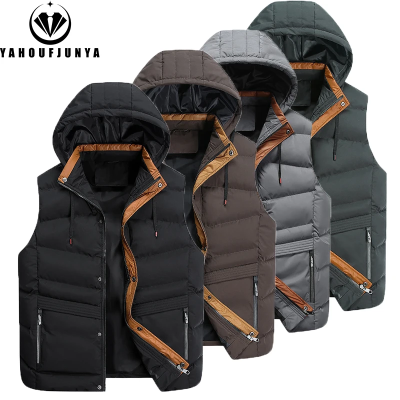 Men Autumn Sleeveless Fleece Pocket Zipper Solid Warm Vest Men Winter Detachable Hooded Outdoor Leisure Fashion Vest Male Coat