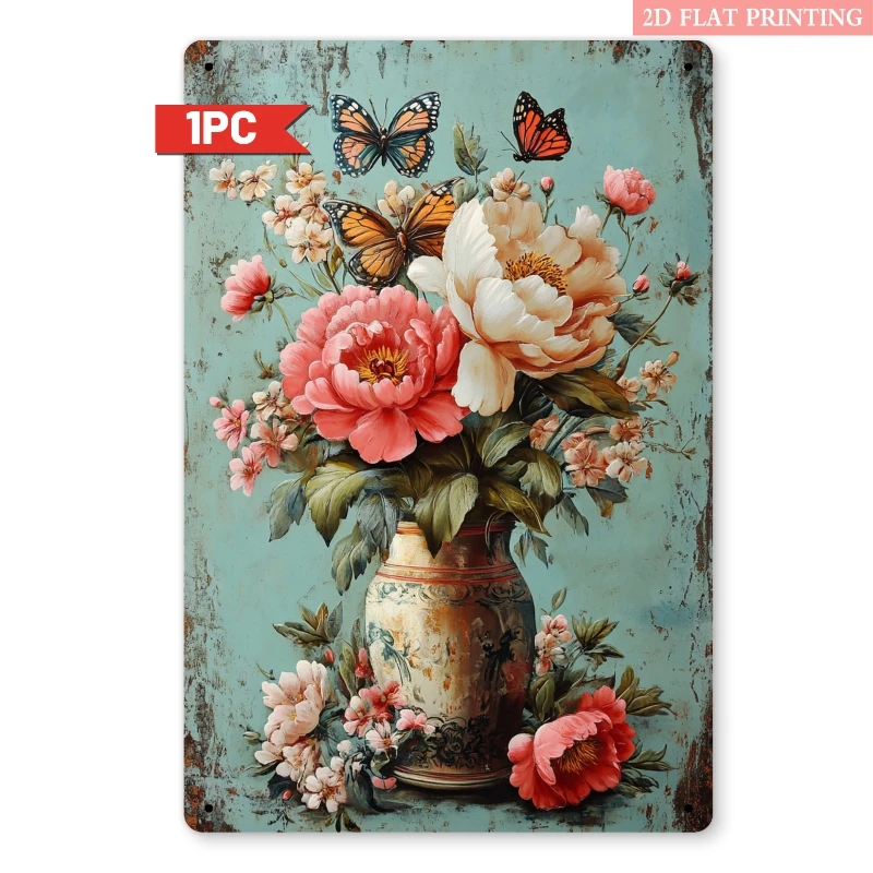 Vintage Metall-Blechschild mit Pfingstrosen und Schmetterlingen, 20x30cm, Florale Wanddekoration, Eisenplakette für Wohnzimmer