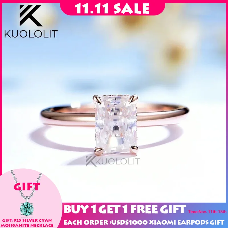 Kuololit  Radiant Moissanite Ring for Women Soild 18K 14K Rose Gold Hide Halo Wedding Jewelry for Engagement Christmas Gifts