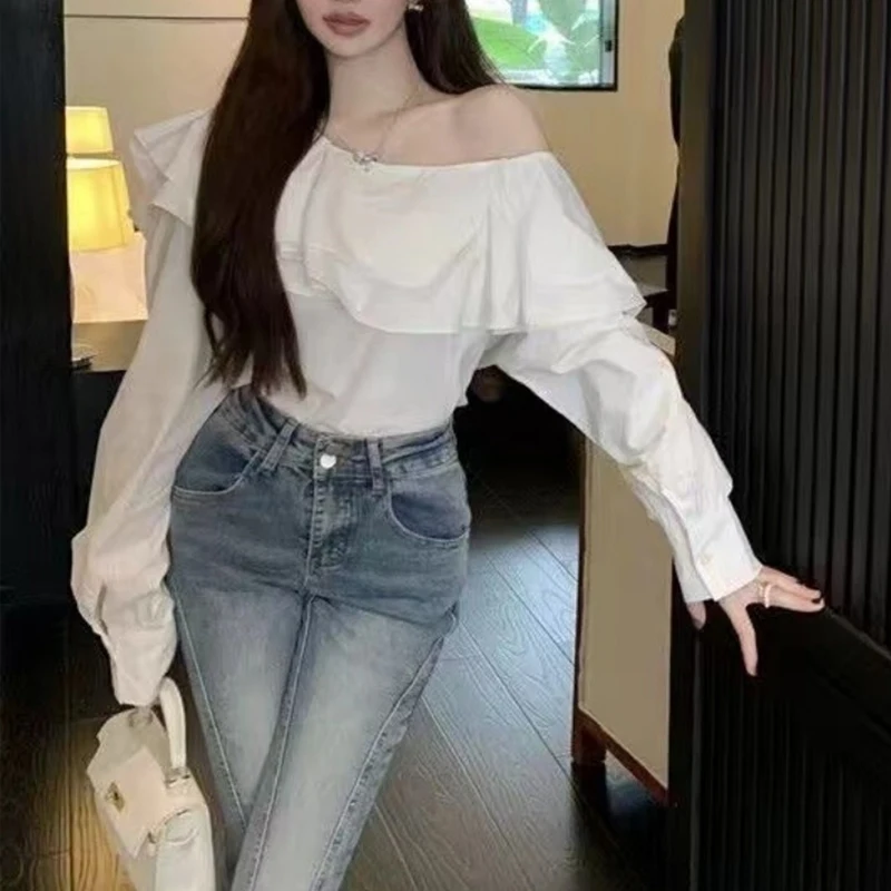 Sweet Ruffles Blouse for Women, Sexy Off Shoulder Shirt, French Style, Elegant Long Lantern Sleeve, Tops Clothes, New, 8395