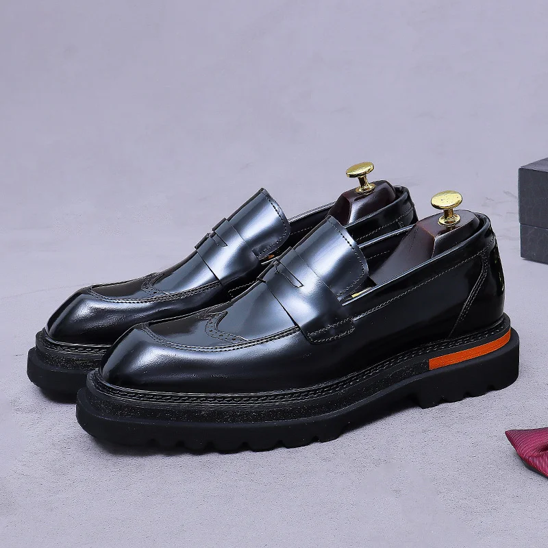 

Men's Thick Soled Height Increasing Glossy Cowhide Genuine Brogues Loafers Formal Business Wedding Groom's Shoes