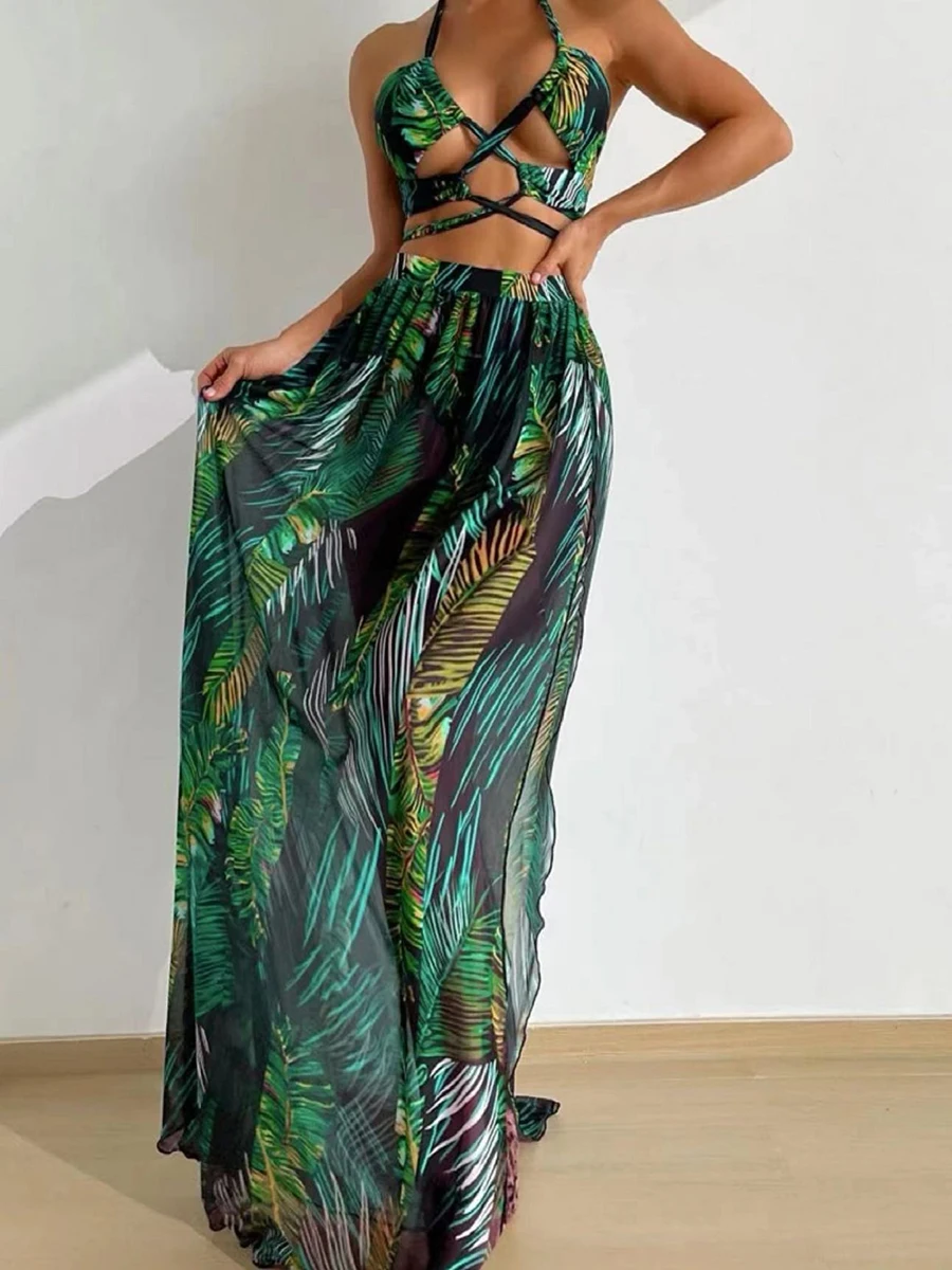Maillot de bain 3 pièces pour femmes, sexy, rembourré, col licou, croix, bikini, amissié, vêtements de plage, été, 2024