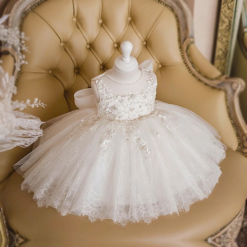 2026 New Kids Formal White Sleeveless Princess Elegant Dress Children Bow Tutu Performance Lace Gown Pageant Flower Costume