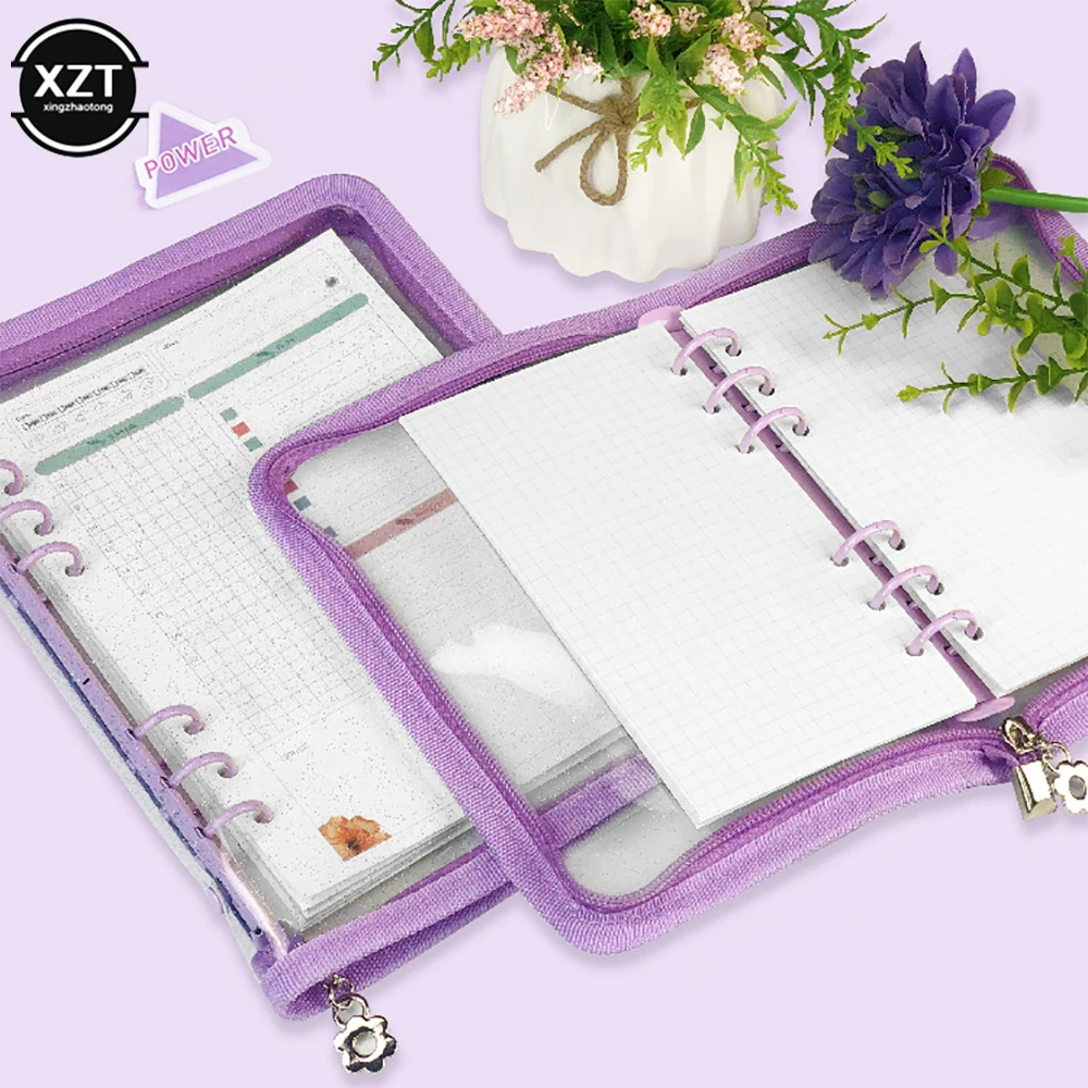 A5 Loose-Leaf Notebook Cover PVC Glitter Zipper 6 Hole Journal Student Study Stationery Office Planner