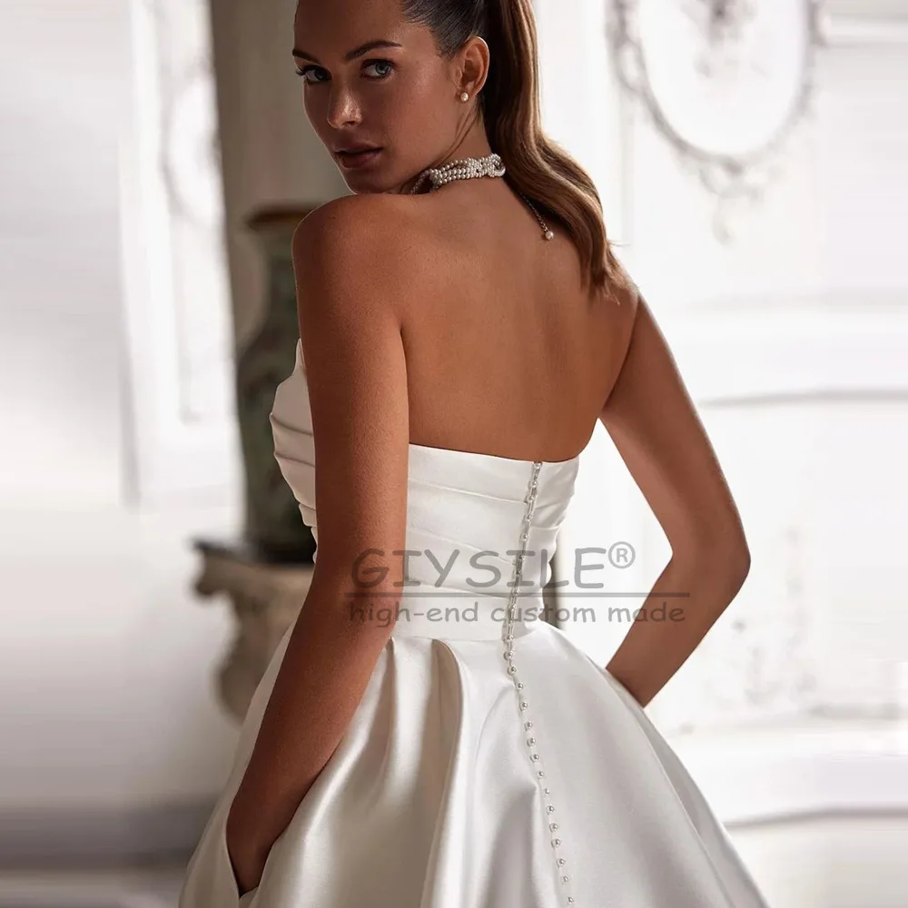 GIYSILE Customized French Satin Strapless Wedding Dresses Simple A-line Trailing Princess Travel Photo Bride Main Wedding Dress