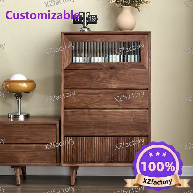Factory Direct 2026 Top RatedBlack walnut chest of drawers, living room TV side cabinet, modern simple Japanese-style solid wood