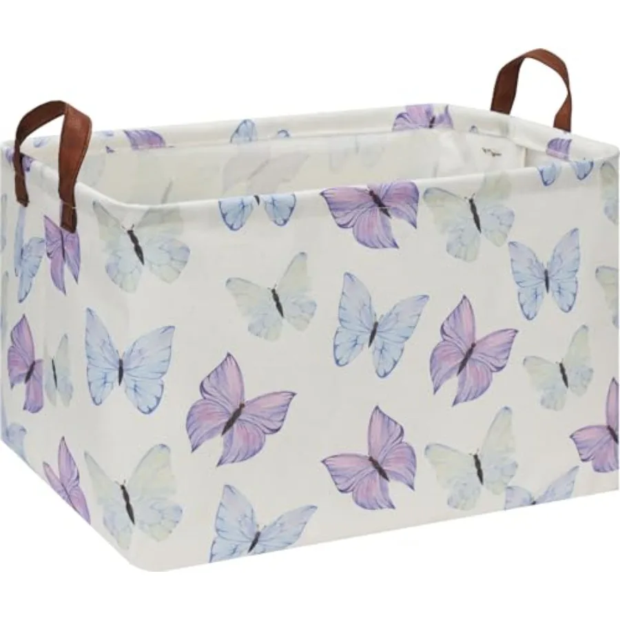 Rectangle Storage Basket with Handles, Collapsible Storage Bin, Books Box, Gift Basket Blue and Purple Butterfly