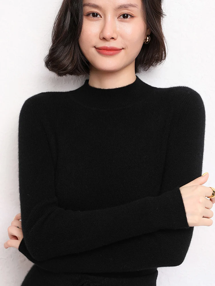 Damski sweter kaszmirowy 100% z golfem, długi rękaw, dopasowany, prosty, podstawowy, dzianina kaszmirowa, jesień-zima, miękki, ciepły, 2025
