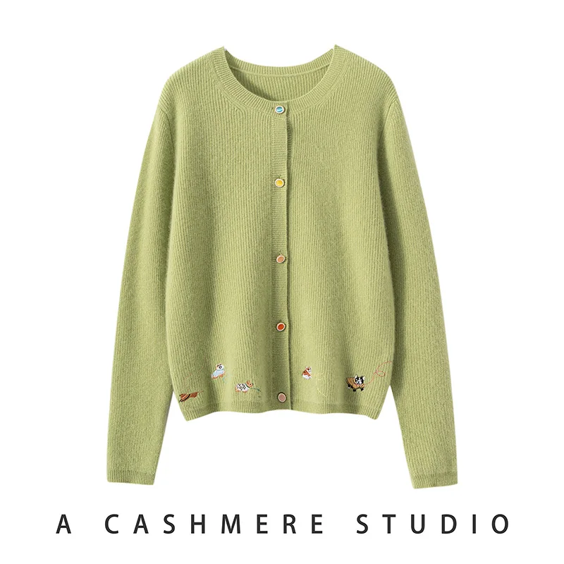 Round-Neck Colorful Button Puppy Embroidery Women'S Cardigan New Autumn and Winter Fashion 100% Pure Cashmere Knitted Coat