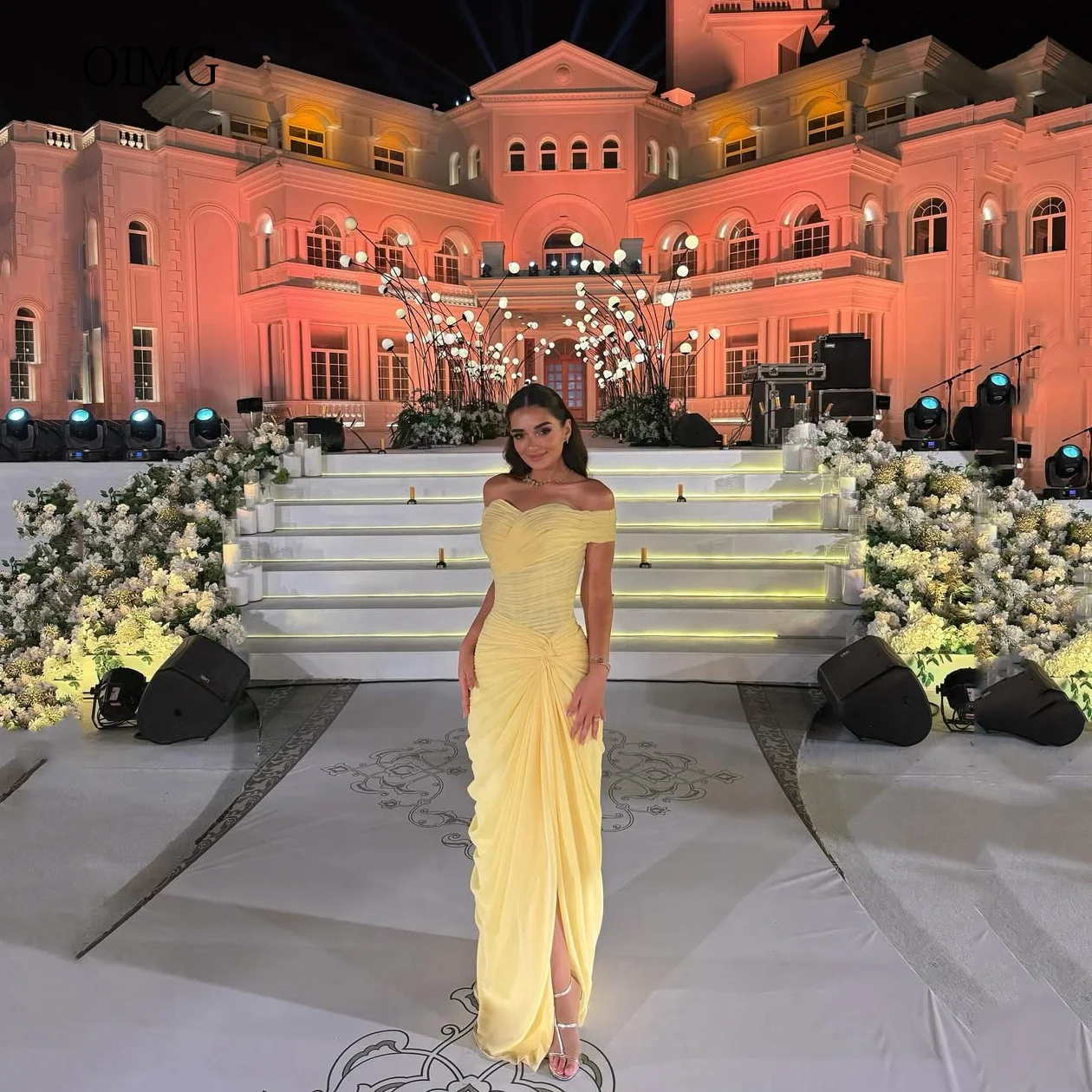 

OIMG Elegant Yellow Off The Shoulder Mermaid Prom Gowns Backless Party Gown Side Slit Floor Length Evening Dress Customized