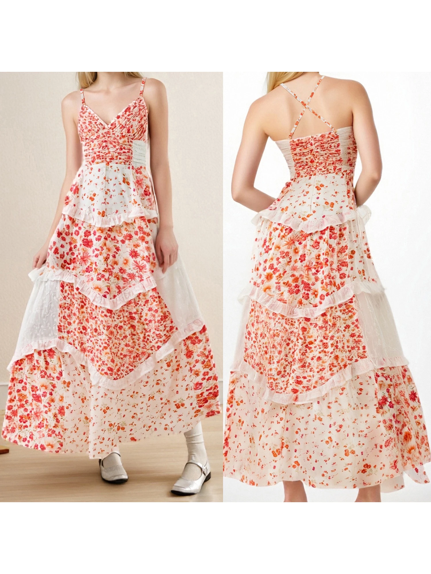 فستان نسائي طويل بوهو بطبعة زهور بدون أكمام ورقبة على شكل V مع ظهر مفتوح وحاشية متدفقة لحفلات الشاطئ الصيفية