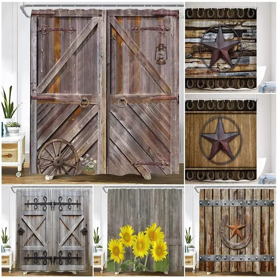 Vintage Farm Barn Wooden Door Shower Curtains Sunflower Flower Texas Star Horseshoe Retro Board Home Bathroom Decor Bath Curtain