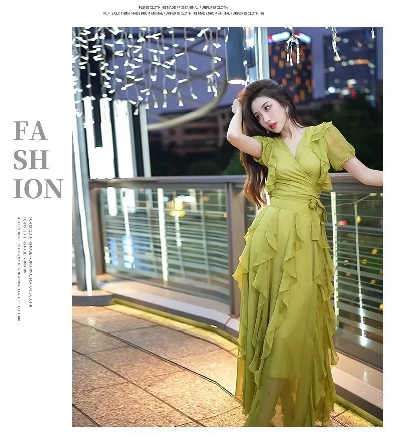 European High-end Temperament Green Chiffon Dress Gentle Style Ruffle Waist Long Skirt