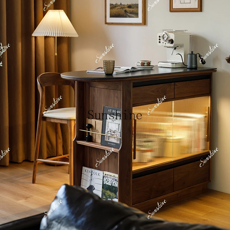 Nordic black walnut retractable bar, integrated side meal, small island, partition against the wall for storage  FT