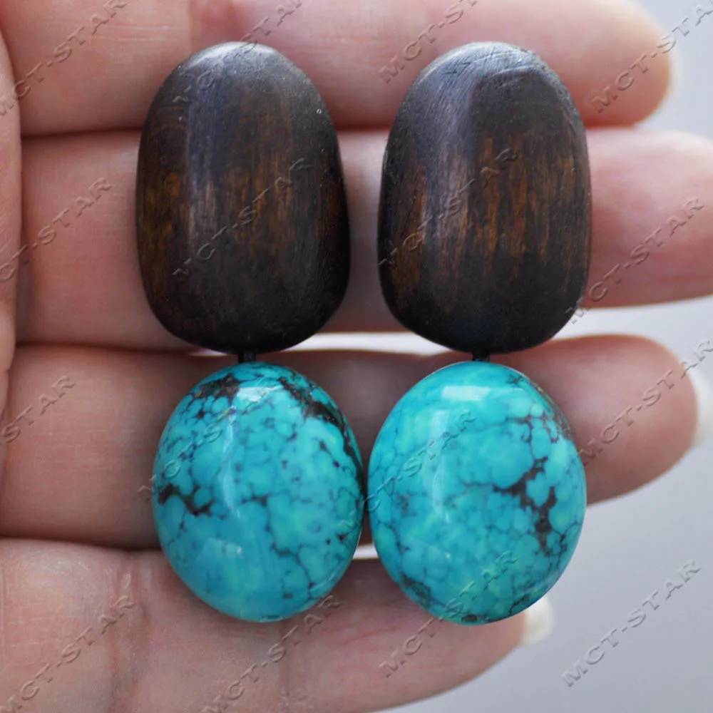 Z14569 Creativity 2'' 24mm Natural GreenTurquoise Egg Wood Dangle Earring