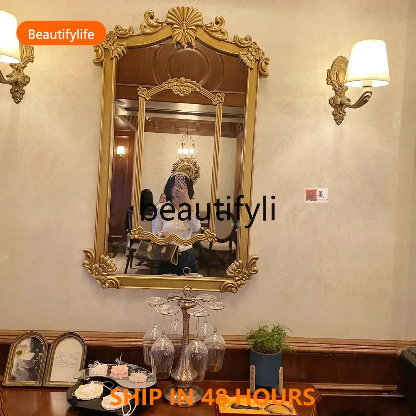 03 S51 Bathroom vintage bathroom mirror French fireplace, decoration, European bedroom, makeup mirror wall hanging