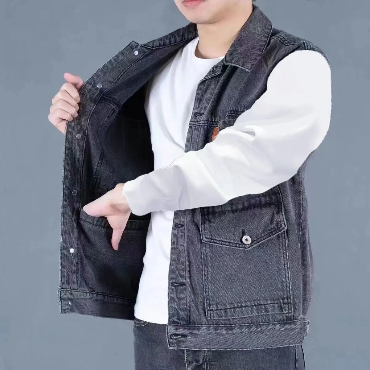 Men's Denim Vest Jacket Sleeveless Stand Collar Outdoor Large Size Multi-Pocket Casual Washed Cotton Outerwear Spring Autumn