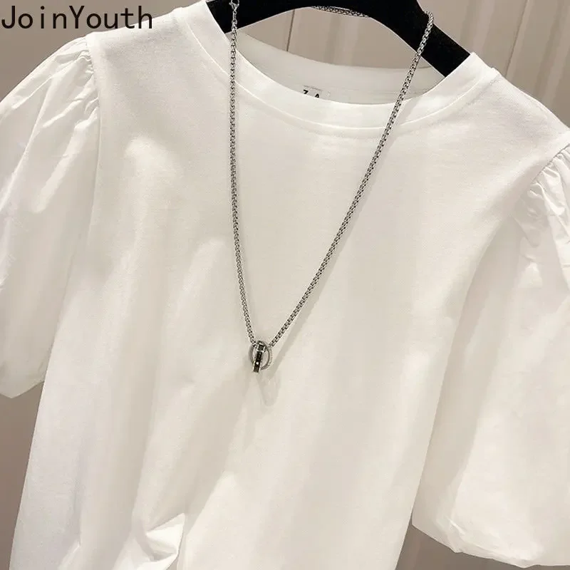 Cotton Shirts for Women Summer Tshirts O-neck Puff Sleeve Casual Tees Fashion Korean White T Shirt Tops 2023 Ropa Mujer 27n404